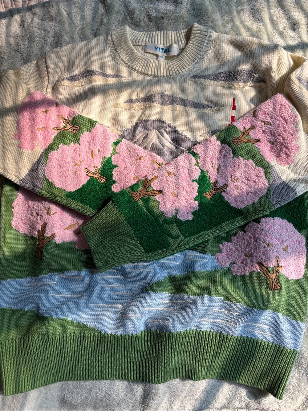 Yital Pink Cherry Blossom Scenic Crewneck Sweater